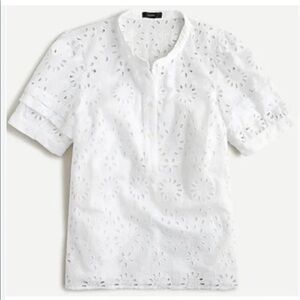 J. Crew White Eyelet Puff Sleeve Popover Top Blouse Size M